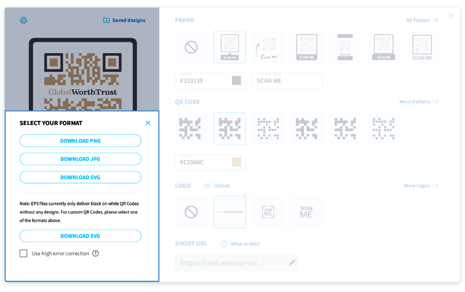 Select the QR Code file format that best suits your design needs.