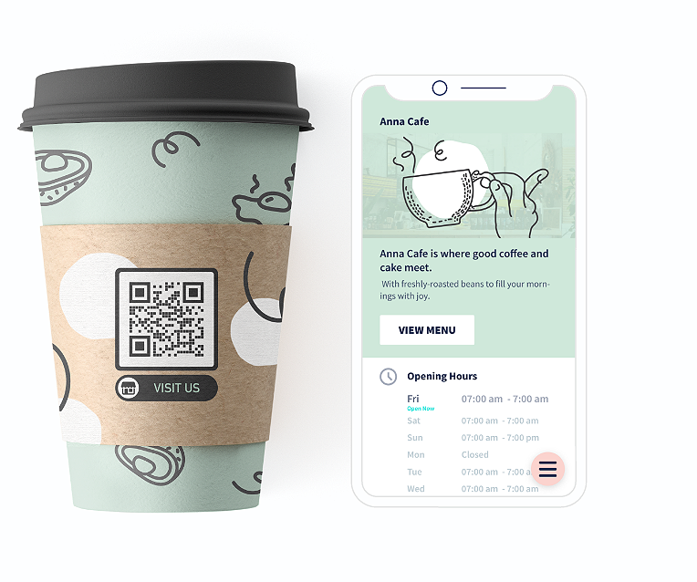 Ide QR Code pada cangkir kopi dengan halaman landing yang mengiklankan informasi bisnis yang terperinci