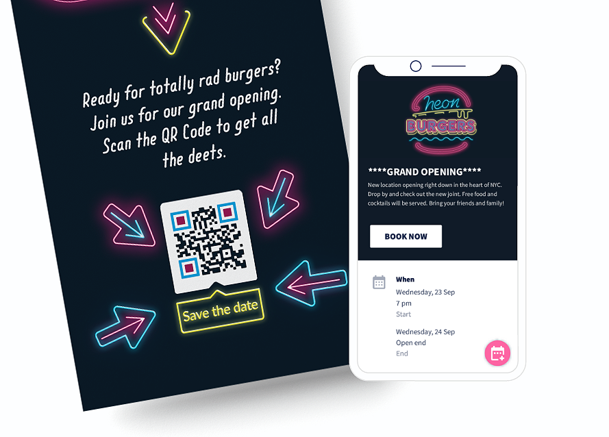 Ide QR Code pada pamflet dengan halaman landing yang mempromosikan informasi acara terperinci dengan tombol simpan ke kalender