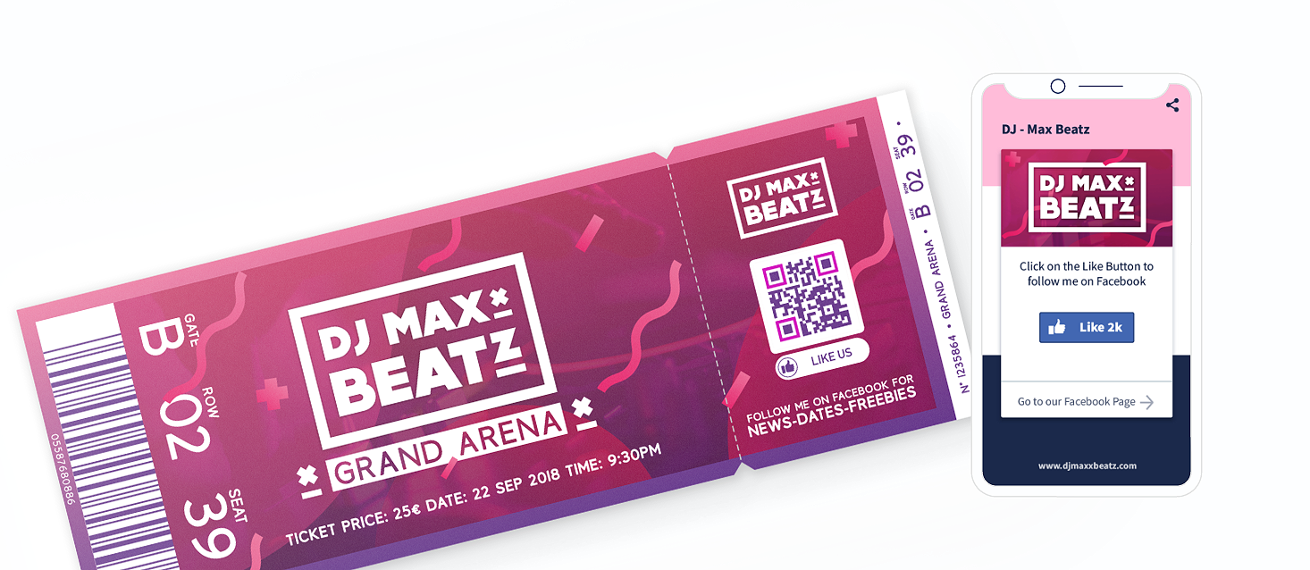 Ide QR Code pada tiket dengan halaman landing yang menampilkan tombol suka Facebook