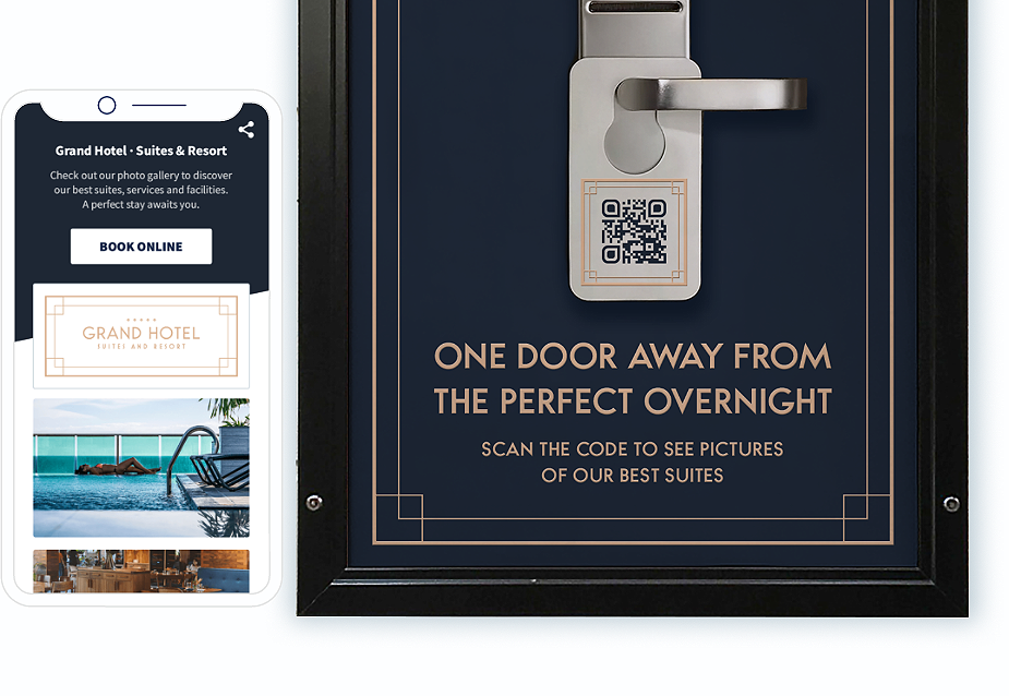 Ide QR Code pada kartu kunci hotel dengan halaman landing yang menampilkan banyak gambar pada satu halaman